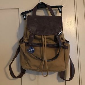Brown Canvas and Faux Leather Backpack w/ Pins